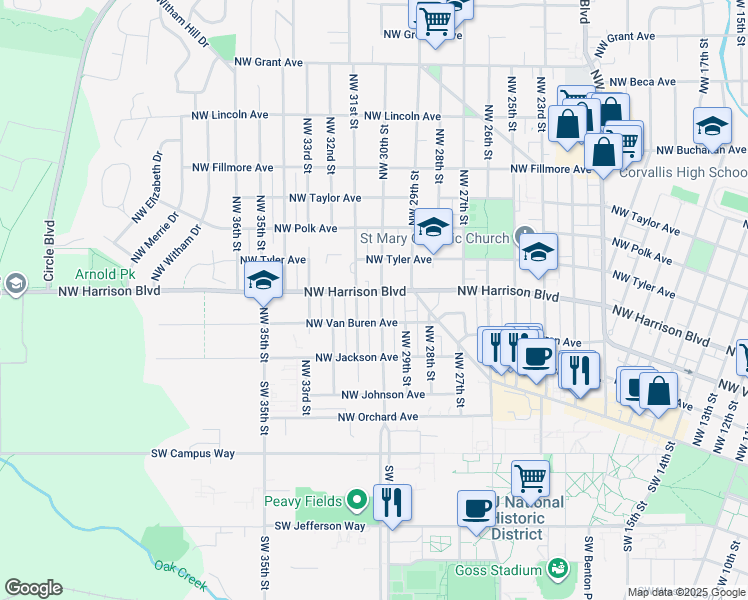 map of restaurants, bars, coffee shops, grocery stores, and more near 312 Northwest 30th Street in Corvallis