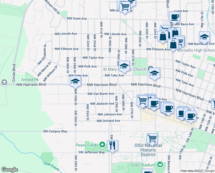 map of restaurants, bars, coffee shops, grocery stores, and more near 3002 Northwest Harrison Boulevard in Corvallis