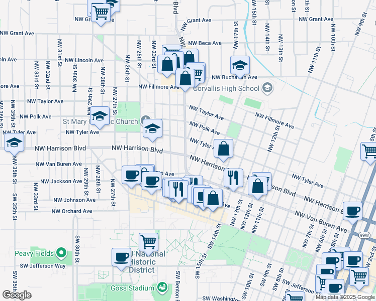 map of restaurants, bars, coffee shops, grocery stores, and more near 411 Northwest Kings Boulevard in Corvallis