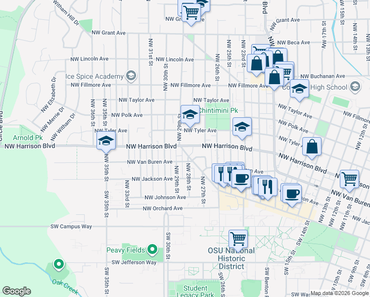 map of restaurants, bars, coffee shops, grocery stores, and more near 2857 Northwest Van Buren Avenue in Corvallis