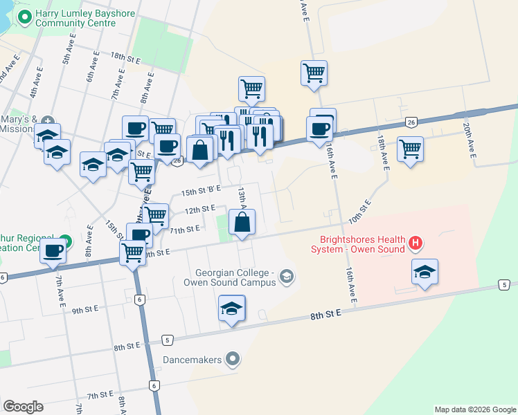 map of restaurants, bars, coffee shops, grocery stores, and more near 1302 14th Avenue East in Owen Sound