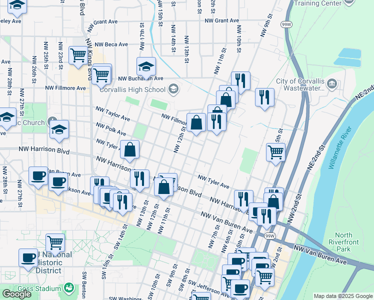 map of restaurants, bars, coffee shops, grocery stores, and more near 525 Northwest 11th Street in Corvallis