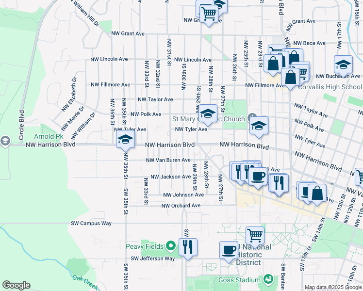 map of restaurants, bars, coffee shops, grocery stores, and more near 312 Northwest 30th Street in Corvallis