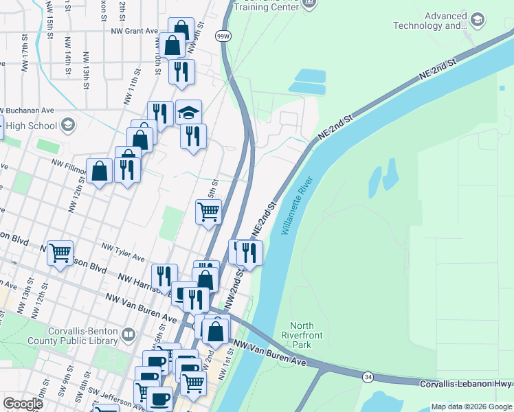 map of restaurants, bars, coffee shops, grocery stores, and more near 842 Northeast 2nd Street in Corvallis