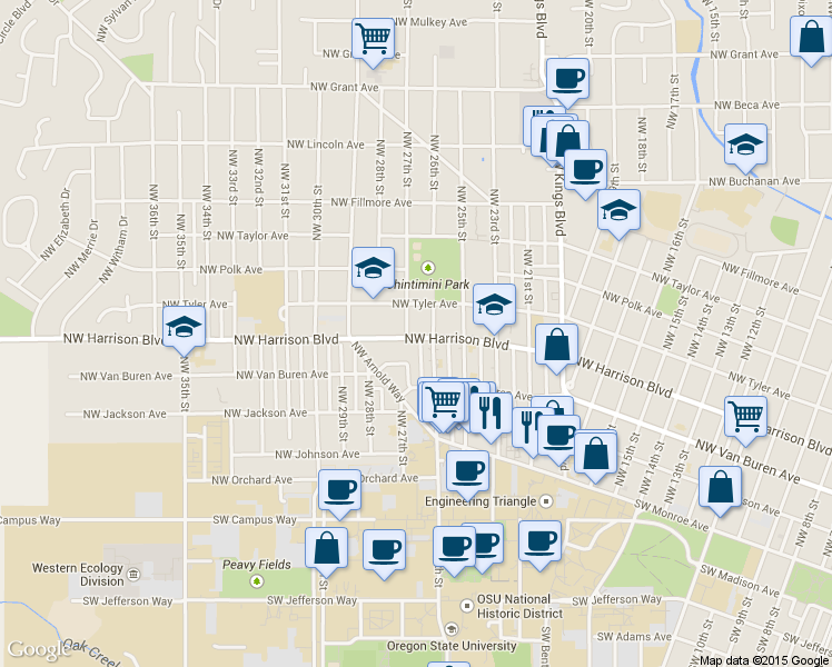 map of restaurants, bars, coffee shops, grocery stores, and more near 2628 Northwest Tyler Avenue in Corvallis