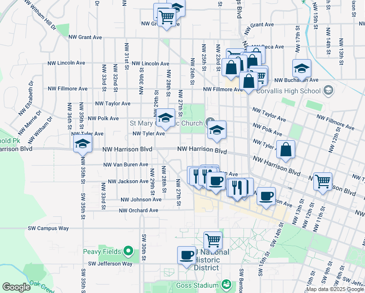 map of restaurants, bars, coffee shops, grocery stores, and more near 2659 Northwest Harrison Boulevard in Corvallis