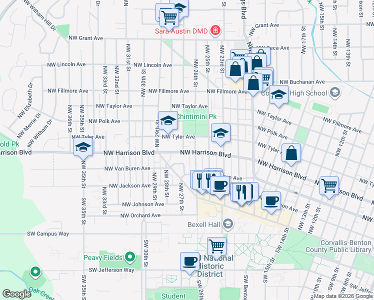 map of restaurants, bars, coffee shops, grocery stores, and more near 2655 Northwest Harrison Boulevard in Corvallis