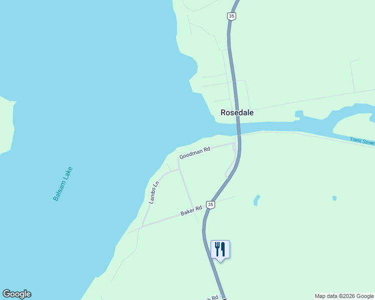 map of restaurants, bars, coffee shops, grocery stores, and more near 36 Goodman Road in Kawartha Lakes