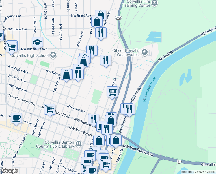 map of restaurants, bars, coffee shops, grocery stores, and more near 800 Northwest 5th Street in Corvallis