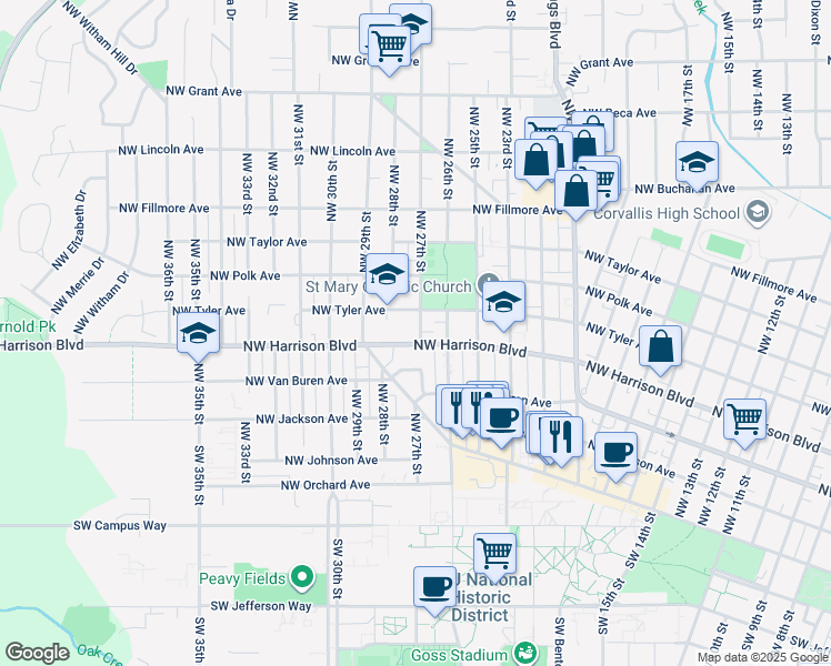 map of restaurants, bars, coffee shops, grocery stores, and more near 2800 Northwest Tyler Avenue in Corvallis