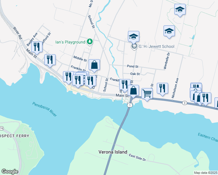 map of restaurants, bars, coffee shops, grocery stores, and more near 16 Buck Street in Bucksport
