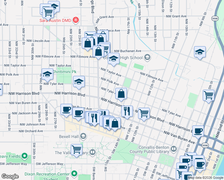 map of restaurants, bars, coffee shops, grocery stores, and more near 528 Northwest 17th Street in Corvallis