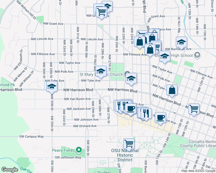 map of restaurants, bars, coffee shops, grocery stores, and more near 2800 Northwest Tyler Avenue in Corvallis