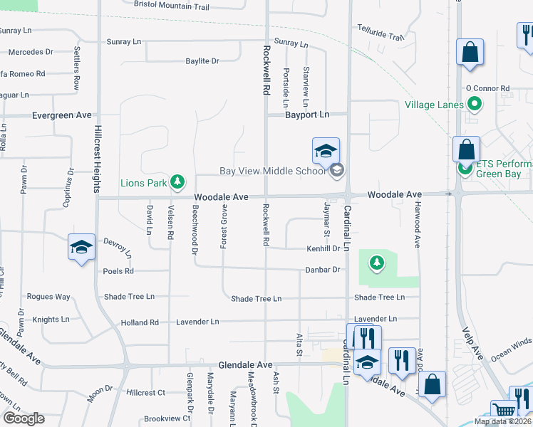 map of restaurants, bars, coffee shops, grocery stores, and more near 2679 Woodale Avenue in Howard