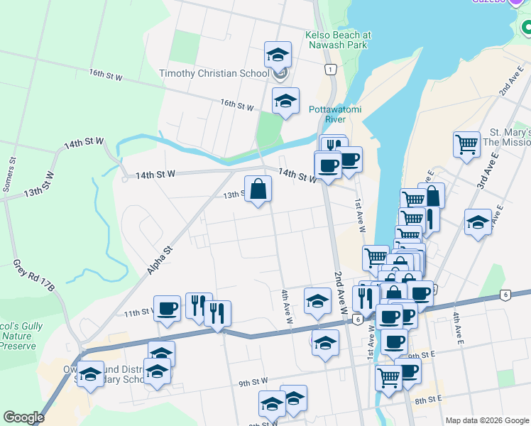 map of restaurants, bars, coffee shops, grocery stores, and more near 1317 4th Avenue West in Owen Sound
