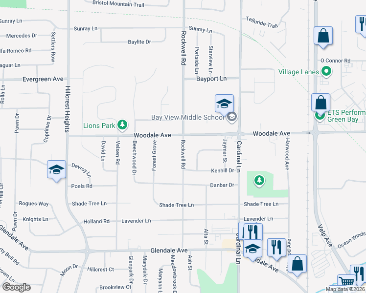 map of restaurants, bars, coffee shops, grocery stores, and more near 2679 Woodale Avenue in Howard