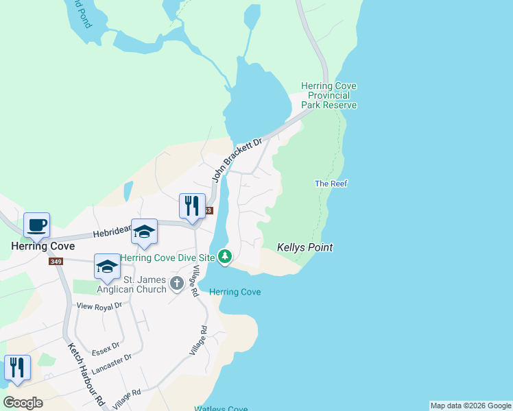 map of restaurants, bars, coffee shops, grocery stores, and more near 22 Berthas Walk in Herring Cove