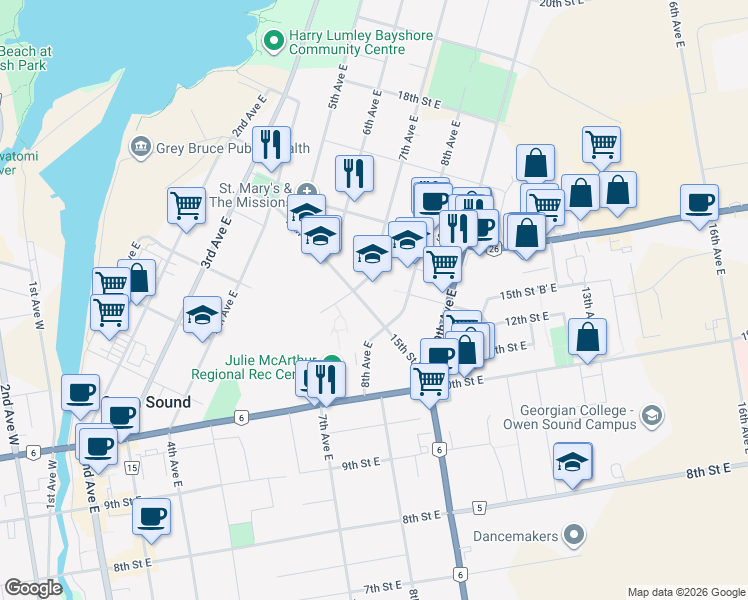 map of restaurants, bars, coffee shops, grocery stores, and more near 746 15th Street East in Owen Sound