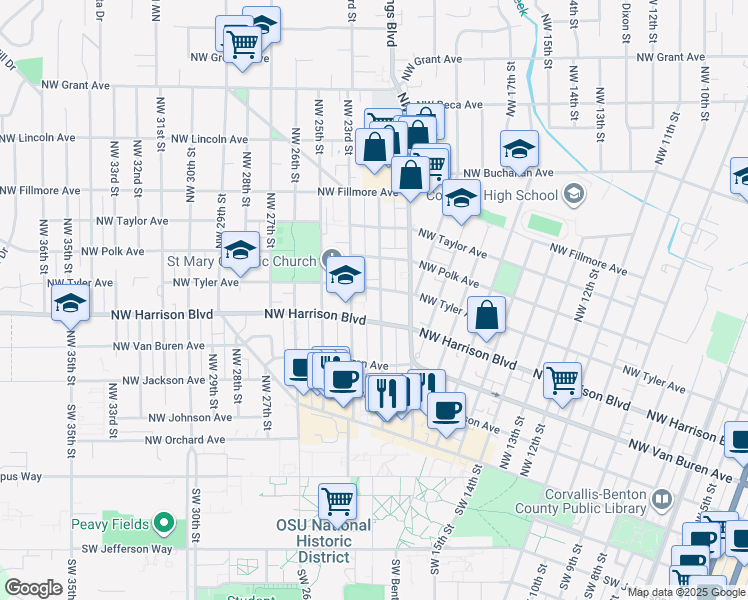 map of restaurants, bars, coffee shops, grocery stores, and more near 2122 Northwest Tyler Avenue in Corvallis