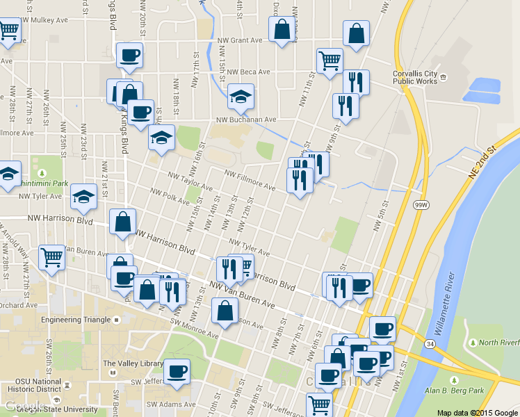 map of restaurants, bars, coffee shops, grocery stores, and more near 1153 Northwest Taylor Avenue in Corvallis