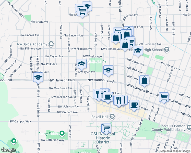 map of restaurants, bars, coffee shops, grocery stores, and more near 2628 Northwest Tyler Avenue in Corvallis