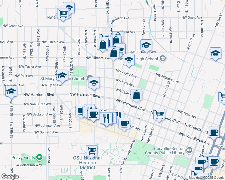 map of restaurants, bars, coffee shops, grocery stores, and more near 446 Northwest Kings Boulevard in Corvallis