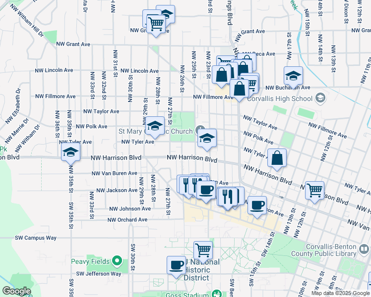 map of restaurants, bars, coffee shops, grocery stores, and more near 2628 Northwest Tyler Avenue in Corvallis
