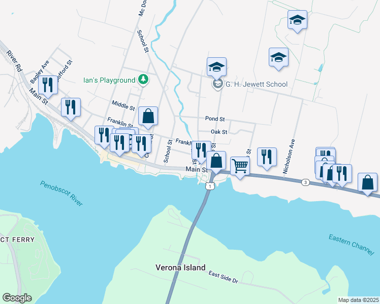 map of restaurants, bars, coffee shops, grocery stores, and more near 9 Buck Street in Bucksport