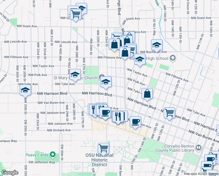 map of restaurants, bars, coffee shops, grocery stores, and more near 465 Northwest 23rd Street in Corvallis