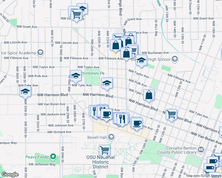 map of restaurants, bars, coffee shops, grocery stores, and more near 465 Northwest 23rd Street in Corvallis