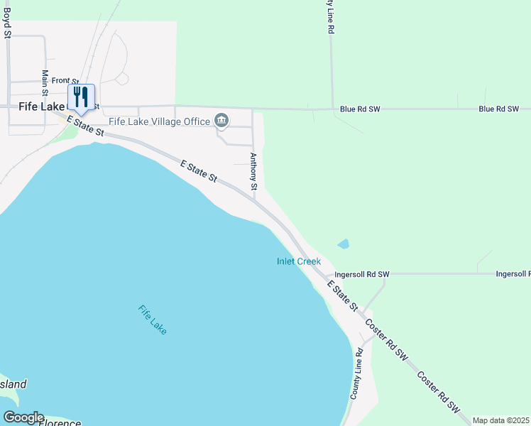 map of restaurants, bars, coffee shops, grocery stores, and more near 11728 E State St in Fife Lake