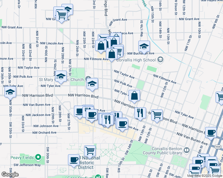 map of restaurants, bars, coffee shops, grocery stores, and more near 1855 Northwest Tyler Avenue in Corvallis
