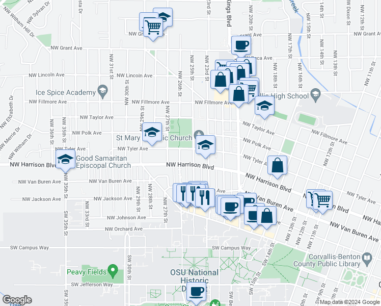 map of restaurants, bars, coffee shops, grocery stores, and more near 428 Northwest 25th Street in Corvallis