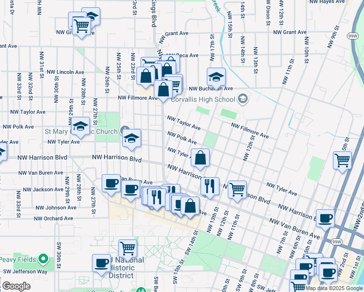 map of restaurants, bars, coffee shops, grocery stores, and more near 528 Northwest 17th Street in Corvallis