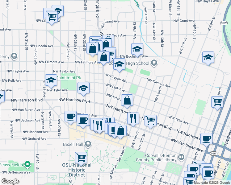 map of restaurants, bars, coffee shops, grocery stores, and more near 528 Northwest 17th Street in Corvallis