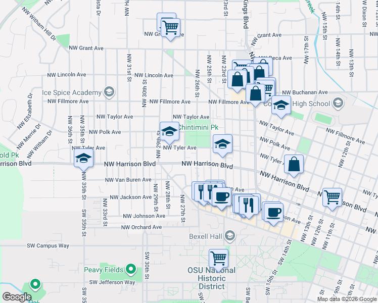 map of restaurants, bars, coffee shops, grocery stores, and more near 2628 Northwest Tyler Avenue in Corvallis