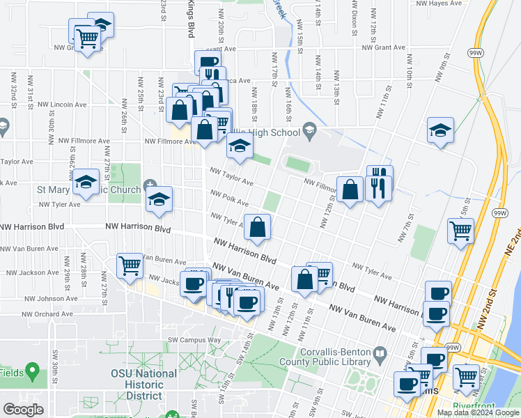 map of restaurants, bars, coffee shops, grocery stores, and more near 1501 Northwest Polk Avenue in Corvallis