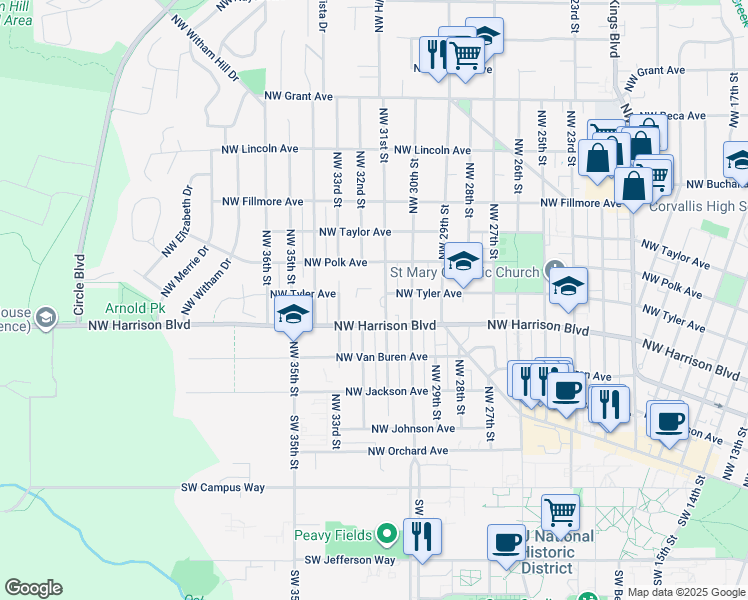 map of restaurants, bars, coffee shops, grocery stores, and more near 510 Northwest 31st Street in Corvallis