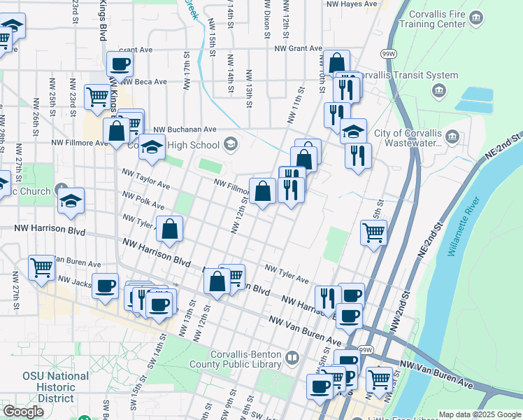 map of restaurants, bars, coffee shops, grocery stores, and more near 747 Northwest 11th Street in Corvallis