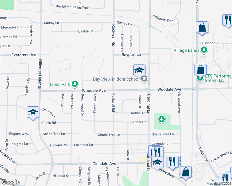 map of restaurants, bars, coffee shops, grocery stores, and more near 2679 Woodale Avenue in Howard