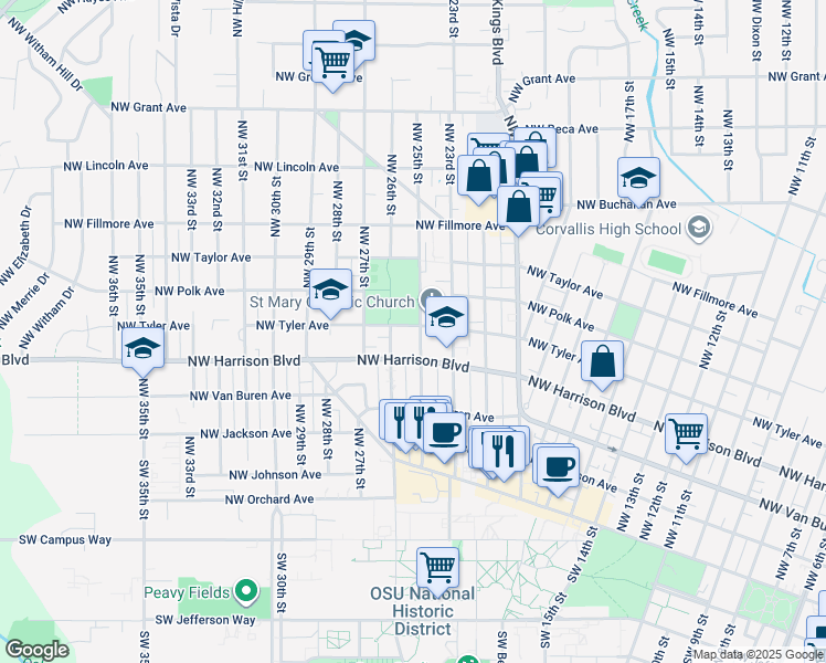 map of restaurants, bars, coffee shops, grocery stores, and more near 2520 Northwest Tyler Avenue in Corvallis