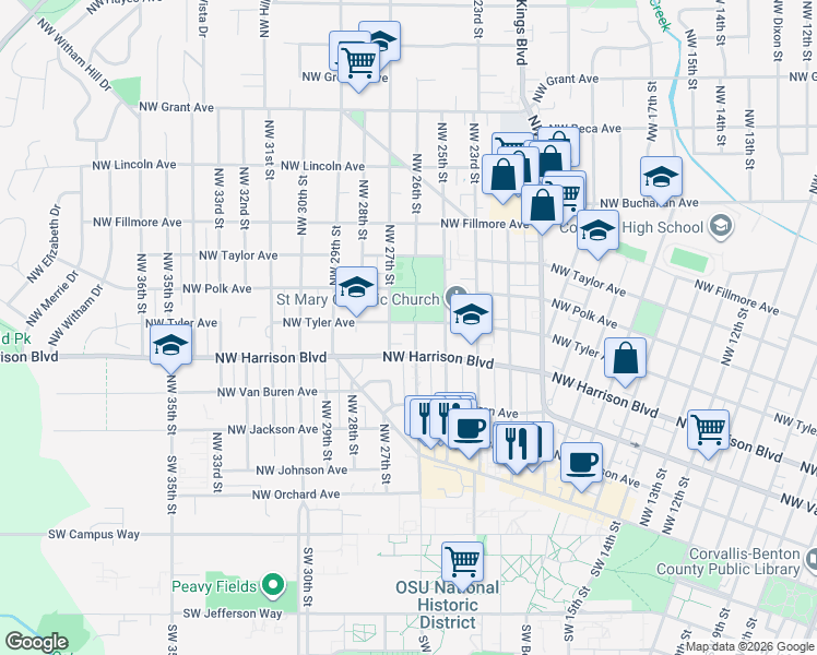 map of restaurants, bars, coffee shops, grocery stores, and more near 2628 Northwest Tyler Avenue in Corvallis