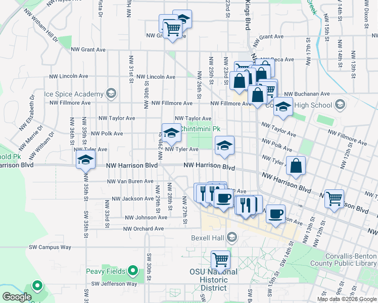map of restaurants, bars, coffee shops, grocery stores, and more near 2628 Northwest Tyler Avenue in Corvallis