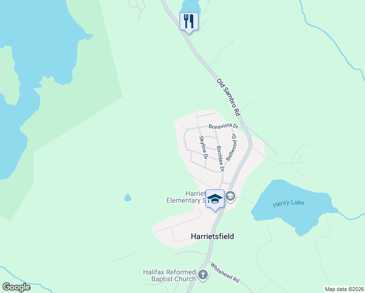 map of restaurants, bars, coffee shops, grocery stores, and more near 65 Bonavista Drive in Harrietsfield