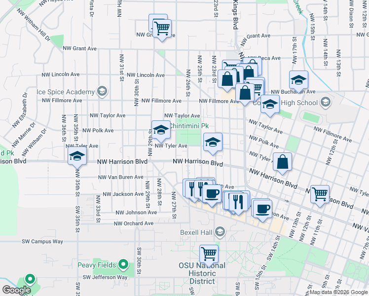 map of restaurants, bars, coffee shops, grocery stores, and more near 2628 Northwest Tyler Avenue in Corvallis