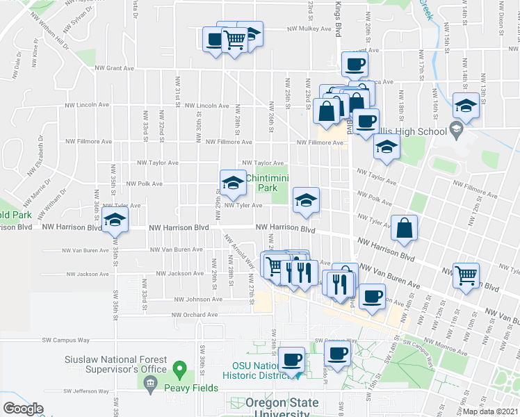 map of restaurants, bars, coffee shops, grocery stores, and more near 2628 Northwest Tyler Avenue in Corvallis