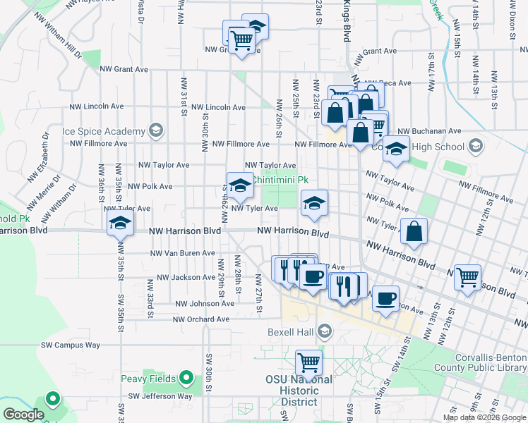 map of restaurants, bars, coffee shops, grocery stores, and more near 2628 Northwest Tyler Avenue in Corvallis