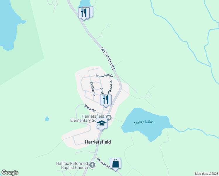 map of restaurants, bars, coffee shops, grocery stores, and more near 20 Bellwood Drive in Harrietsfield