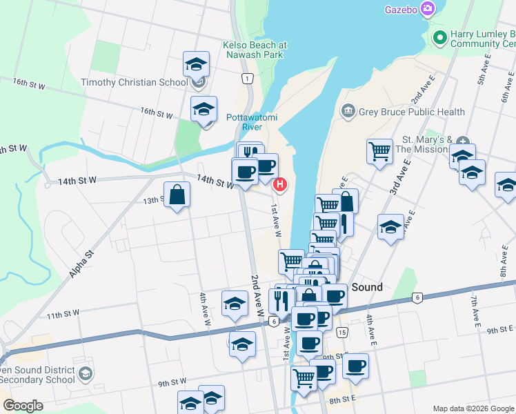 map of restaurants, bars, coffee shops, grocery stores, and more near 130 13th Street West in Owen Sound
