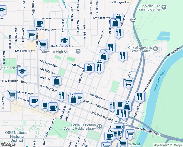 map of restaurants, bars, coffee shops, grocery stores, and more near 1010 Northwest Fillmore Avenue in Corvallis